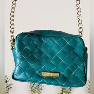 IMAN Teal Green Quilted Leather Crossbody with Gold Chain